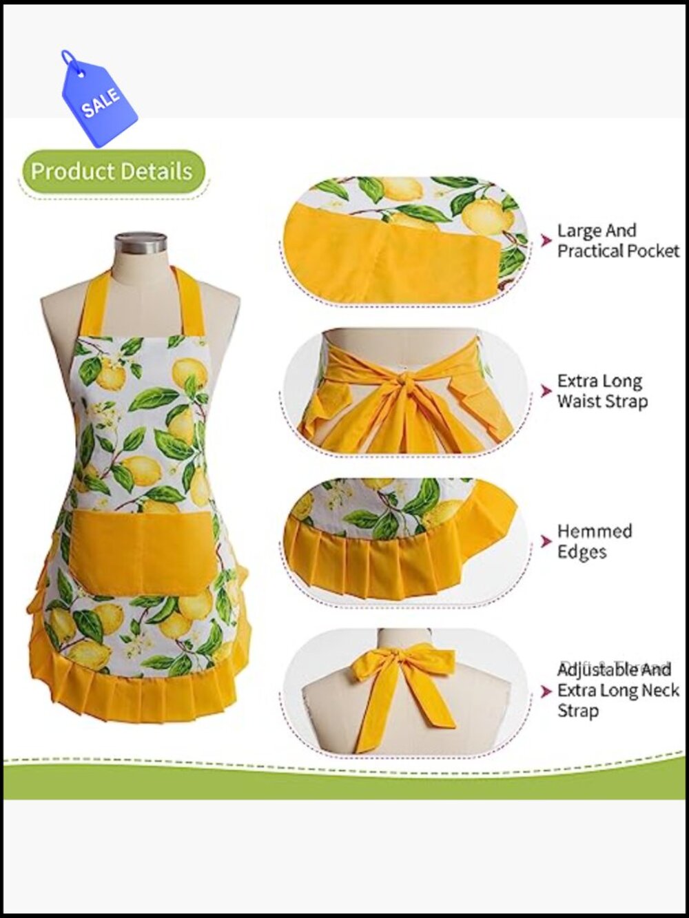 Vintage Floral Apron with Pockets, Adjustable Neck Strap for Cooking Baking - Picture 4 of 7